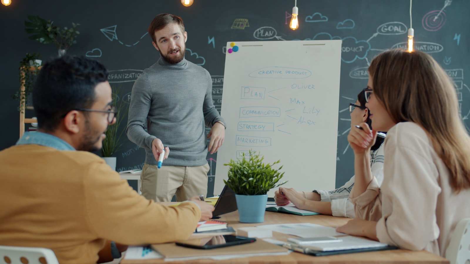 Team collaborating around a whiteboard during a strategy meeting